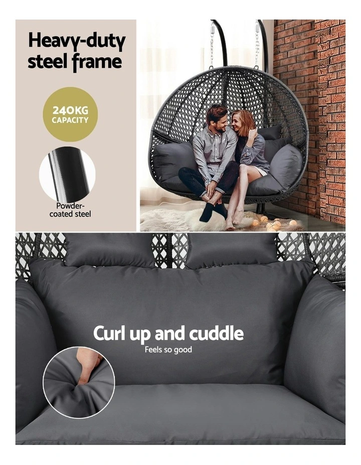 Hanging Rattan Patio Pod Stand Cushion 2 Seater Swing Chair in Grey image 6