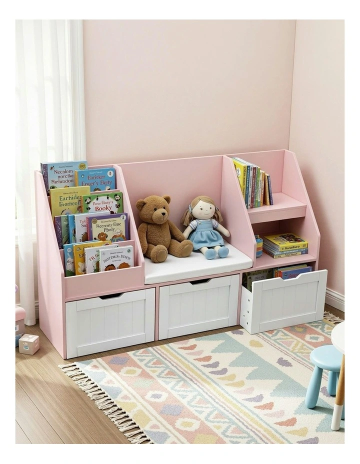 Bookshelf Storage Organiser Toy Box Drawer Bench Seat Cabinet in Pink image 6