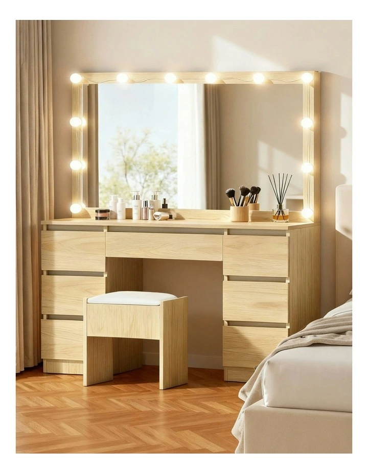 Dressing Table Vanity Desk Set Stool Led Bulbs 12 in Wood image 3
