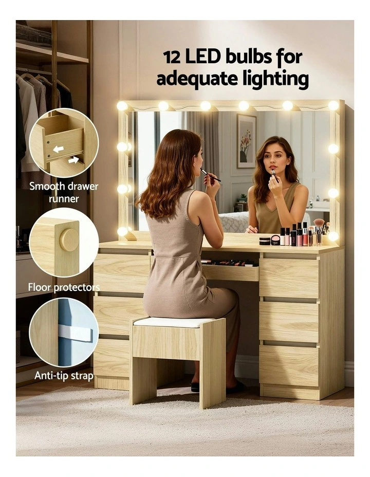 Dressing Table Vanity Desk Set Stool Led Bulbs 12 in Wood image 7