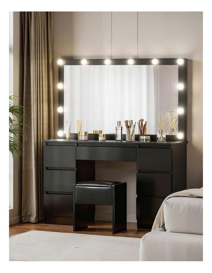 Dressing Table Vanity Desk Set Stool Led Bulbs 12 in Black image 3