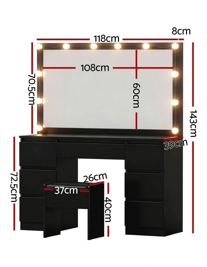 Dressing Table Vanity Desk Set Stool Led Bulbs 12 in Black image 4