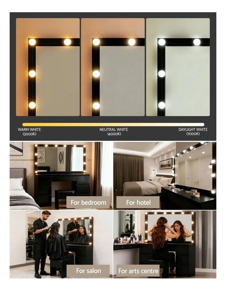 Dressing Table Vanity Desk Set Stool Led Bulbs 12 in Black image 5