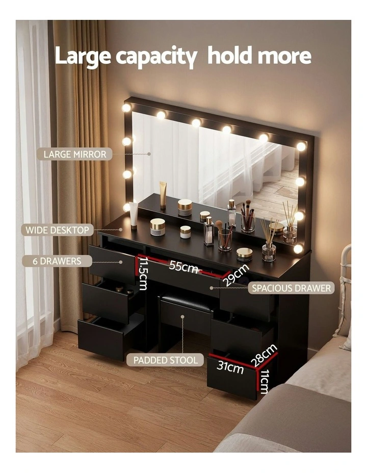 Dressing Table Vanity Desk Set Stool Led Bulbs 12 in Black image 6