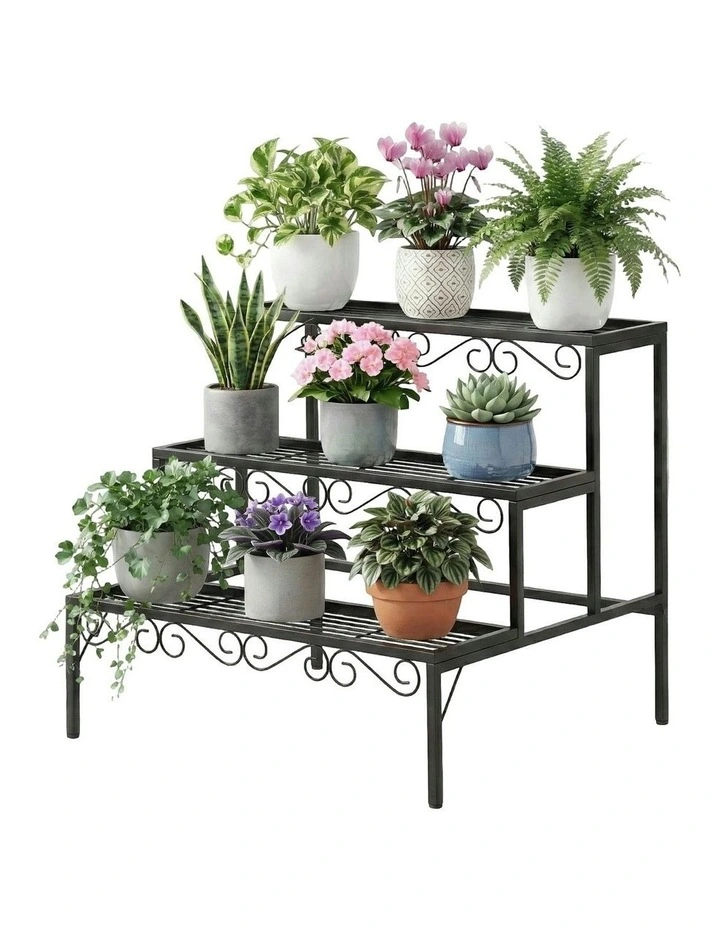 Multiple Flower Holder Metal Corner Plant Shelf Rack Stand 3 Tier in Black image 1
