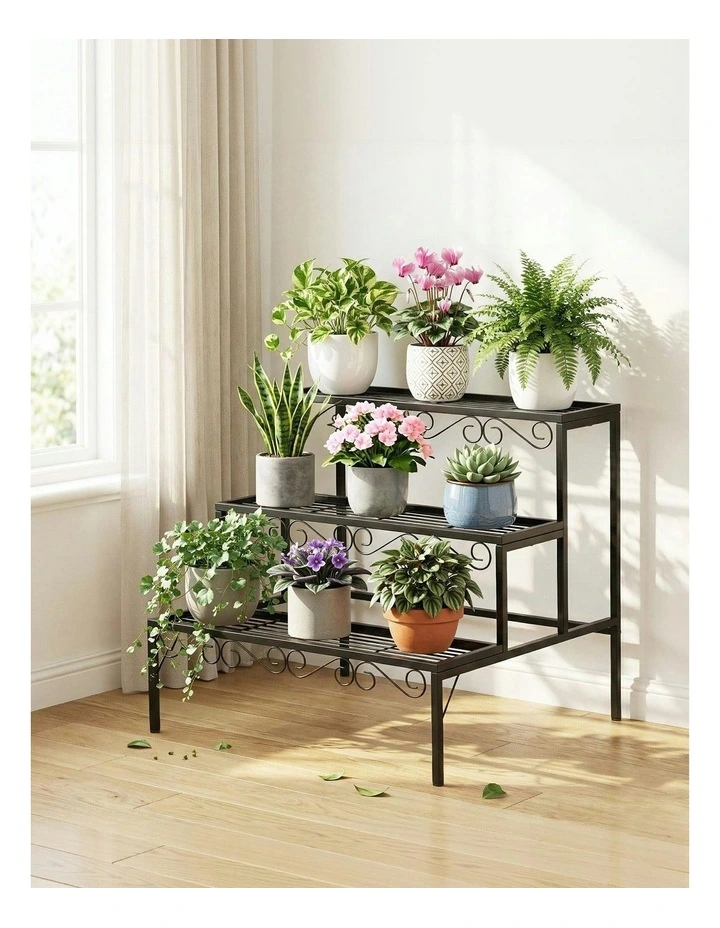 Multiple Flower Holder Metal Corner Plant Shelf Rack Stand 3 Tier in Black image 3