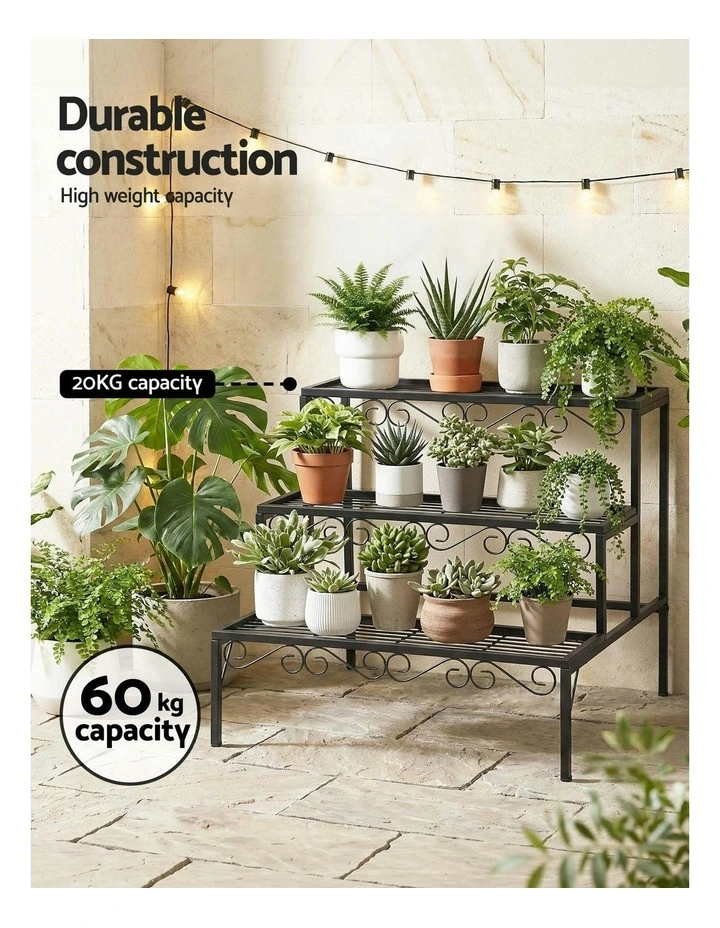 Multiple Flower Holder Metal Corner Plant Shelf Rack Stand 3 Tier in Black image 5