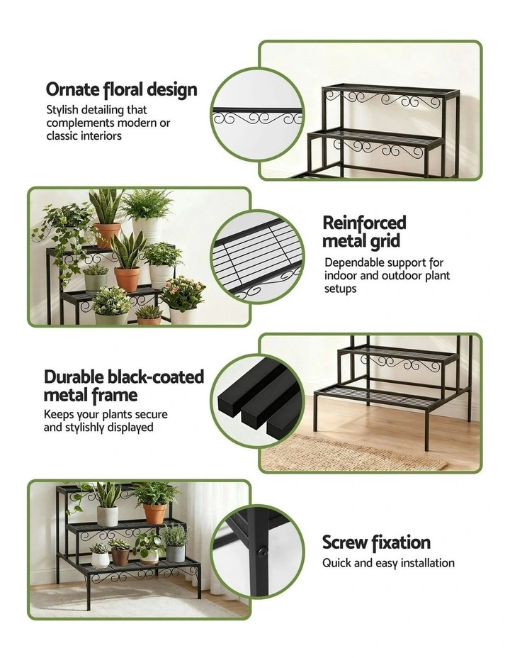 Multiple Flower Holder Metal Corner Plant Shelf Rack Stand 3 Tier in Black image 6