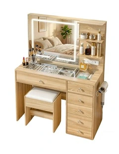 Dressing Table LED Vanity Desk Stool Set in Wood