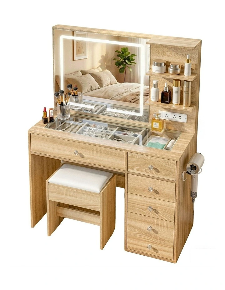Dressing Table LED Vanity Desk Stool Set in Wood image 1