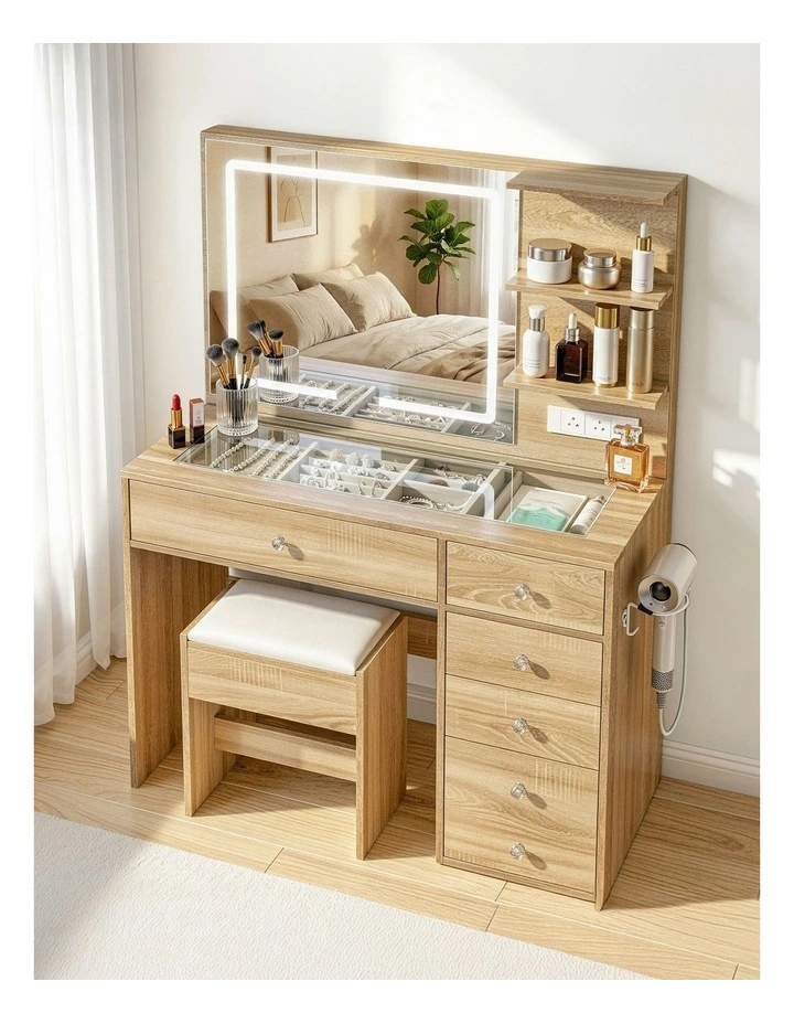 Dressing Table LED Vanity Desk Stool Set in Wood image 3