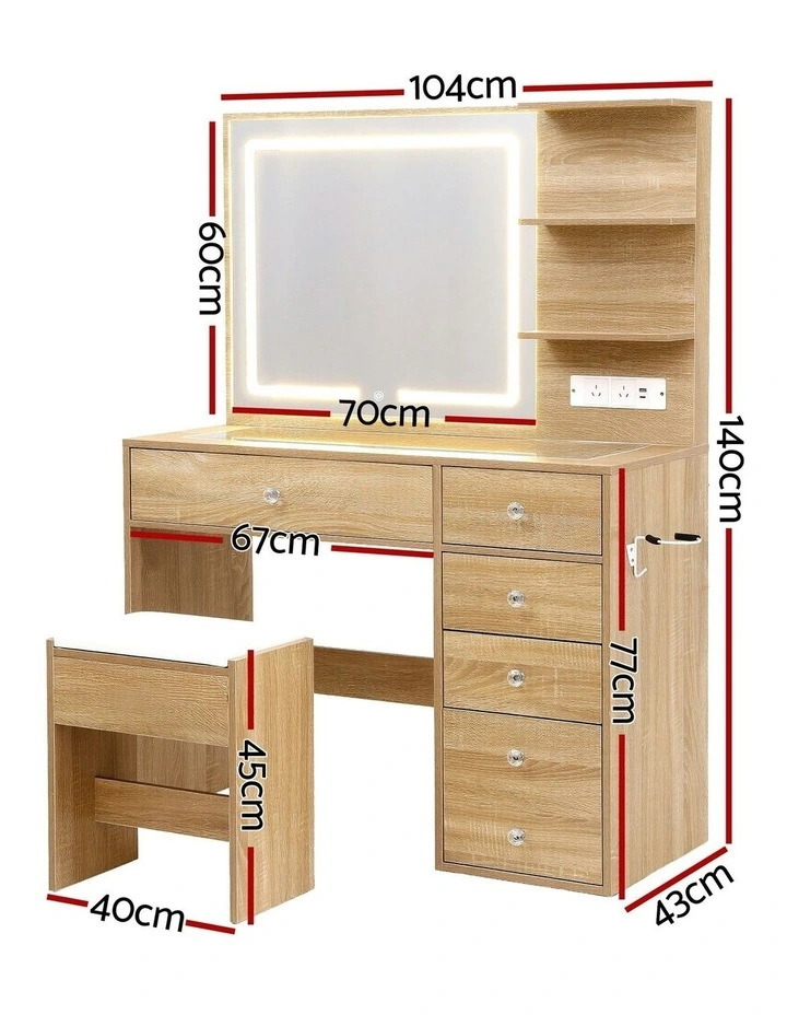 Dressing Table LED Vanity Desk Stool Set in Wood image 4