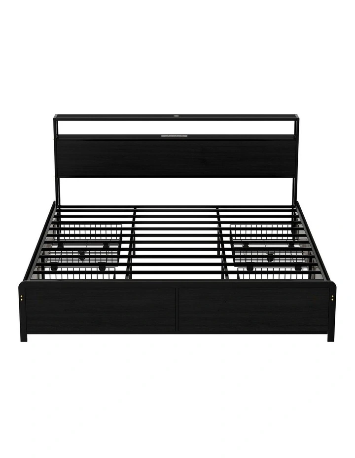 LED 4 Drawers King Size Storage Metal Bed Frame in Black image 2