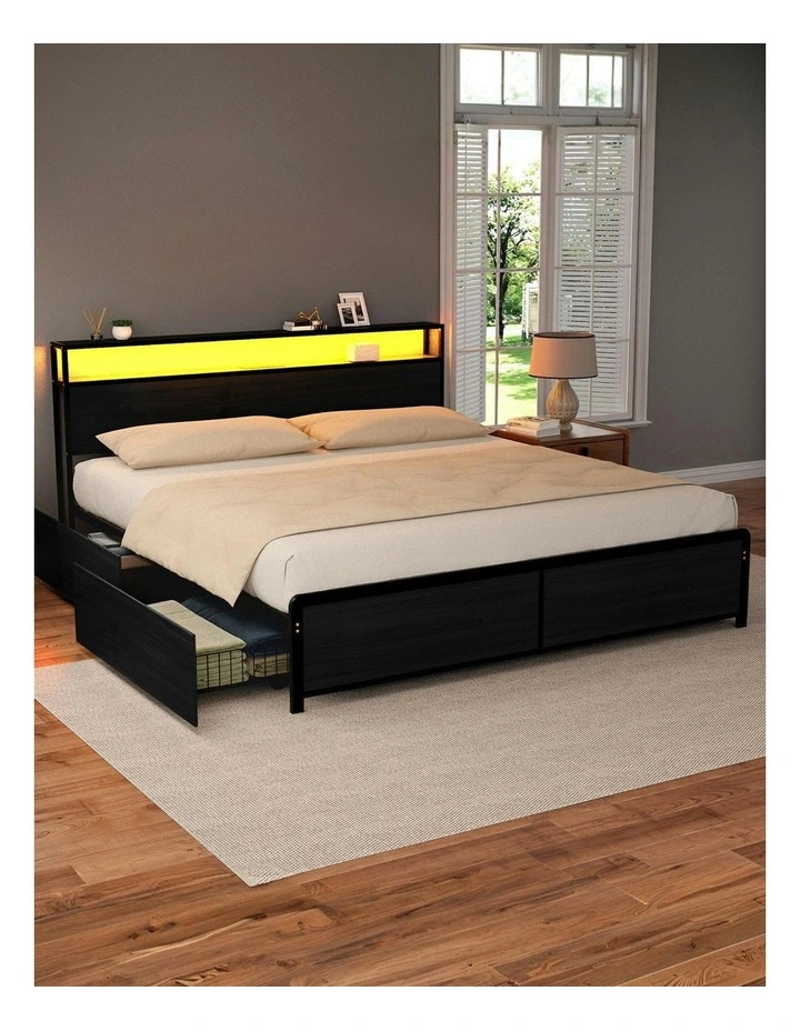LED 4 Drawers King Size Storage Metal Bed Frame in Black image 3