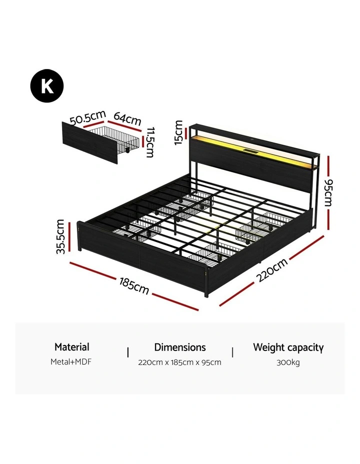 LED 4 Drawers King Size Storage Metal Bed Frame in Black image 4