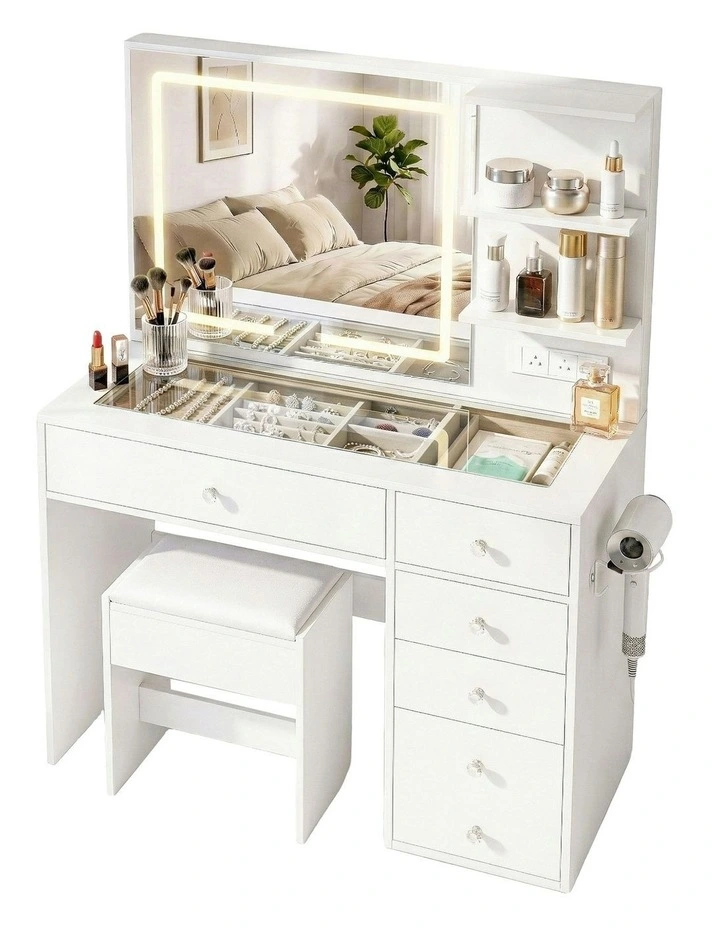 Dressing Table LED Vanity Desk Stool Set in White image 1