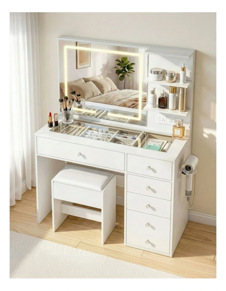 Dressing Table LED Vanity Desk Stool Set in White image 3