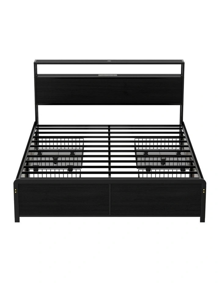 LED 4 Drawers Queen Size Metal Bed Frame in Black image 2