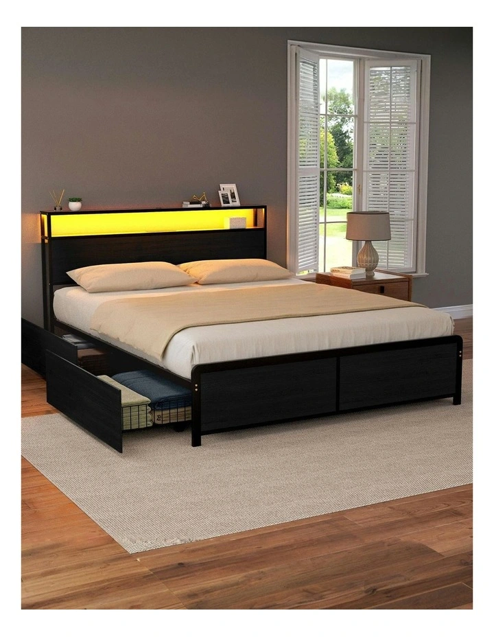 LED 4 Drawers Queen Size Metal Bed Frame in Black image 3
