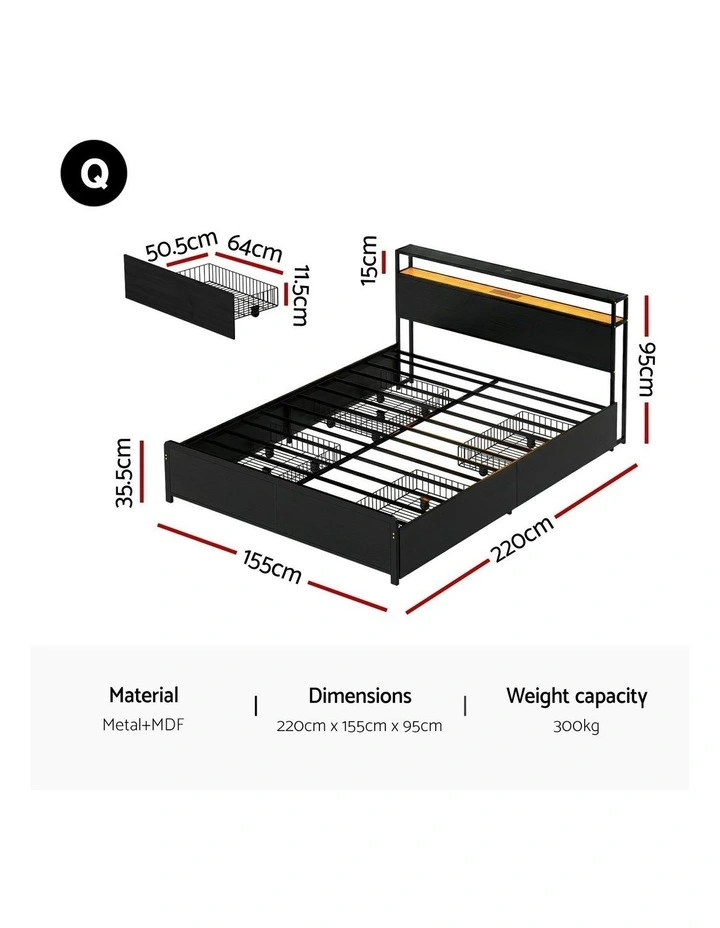LED 4 Drawers Queen Size Metal Bed Frame in Black image 4