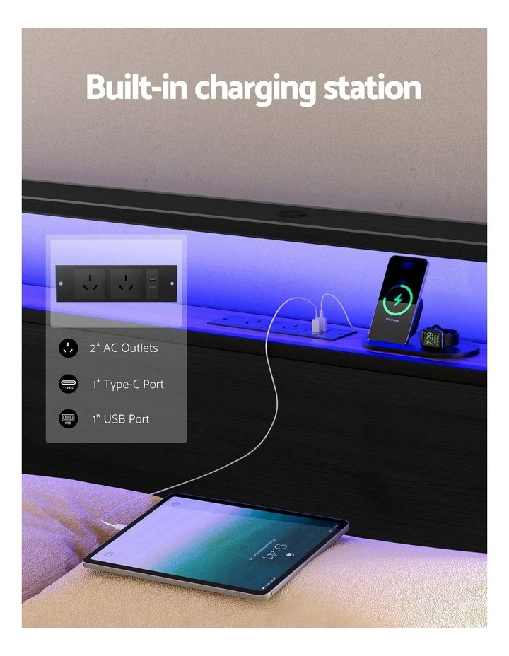 LED 4 Drawers Queen Size Metal Bed Frame in Black image 5