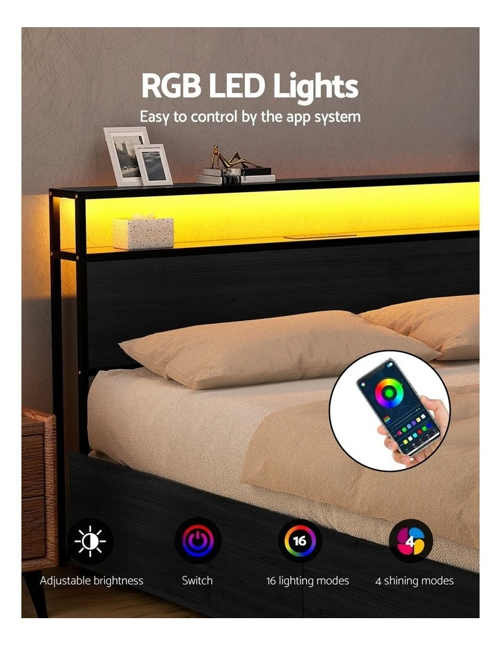 LED 4 Drawers Queen Size Metal Bed Frame in Black image 6