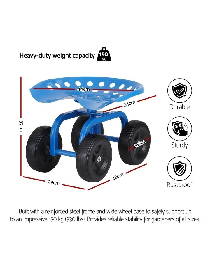 Garden Seat 360 Swivel Rolling Adjustable Height Work Scooter 150kg in Blue image 4