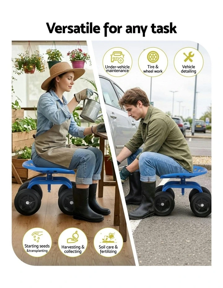 Garden Seat 360 Swivel Rolling Adjustable Height Work Scooter 150kg in Blue image 5
