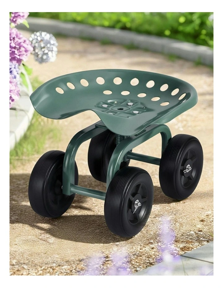 Garden Seat 360 Swivel Rolling Adjustable Height Work Scooter 150kg in Green image 3