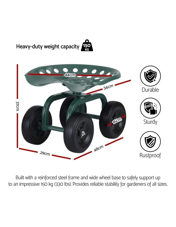 Garden Seat 360 Swivel Rolling Adjustable Height Work Scooter 150kg in Green image 4