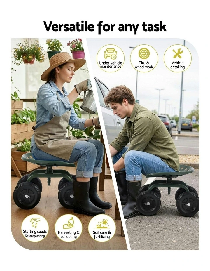 Garden Seat 360 Swivel Rolling Adjustable Height Work Scooter 150kg in Green image 5