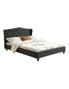 Linen Upholstered Platform Bed Base Queen Bed Frame in Charcoal Grey