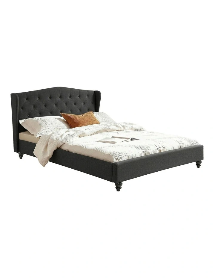 Linen Upholstered Platform Bed Base Queen Bed Frame in Charcoal Grey image 1