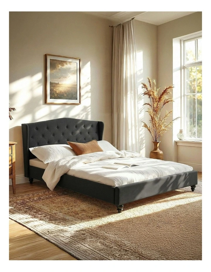 Linen Upholstered Platform Bed Base Queen Bed Frame in Charcoal Grey image 3