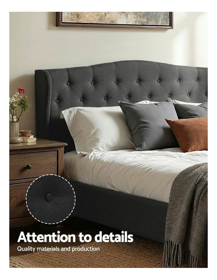 Linen Upholstered Platform Bed Base Queen Bed Frame in Charcoal Grey image 5