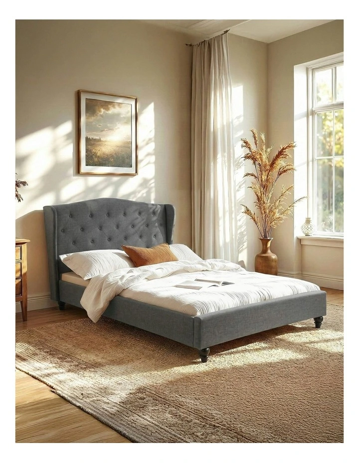 Linen Upholstered Platform Bed Base with Double Bed Frame in Grey image 3