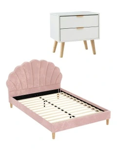 Double Bed Frame Scallop Headboard with 2 Drawer Bedside Table in Pink/White