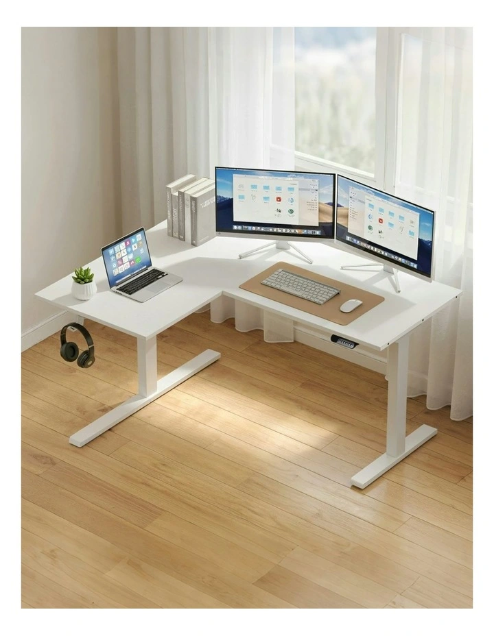 L-Shape Standing Desk Sit Stand Up Height Adjustable Electric Motorised in White image 3