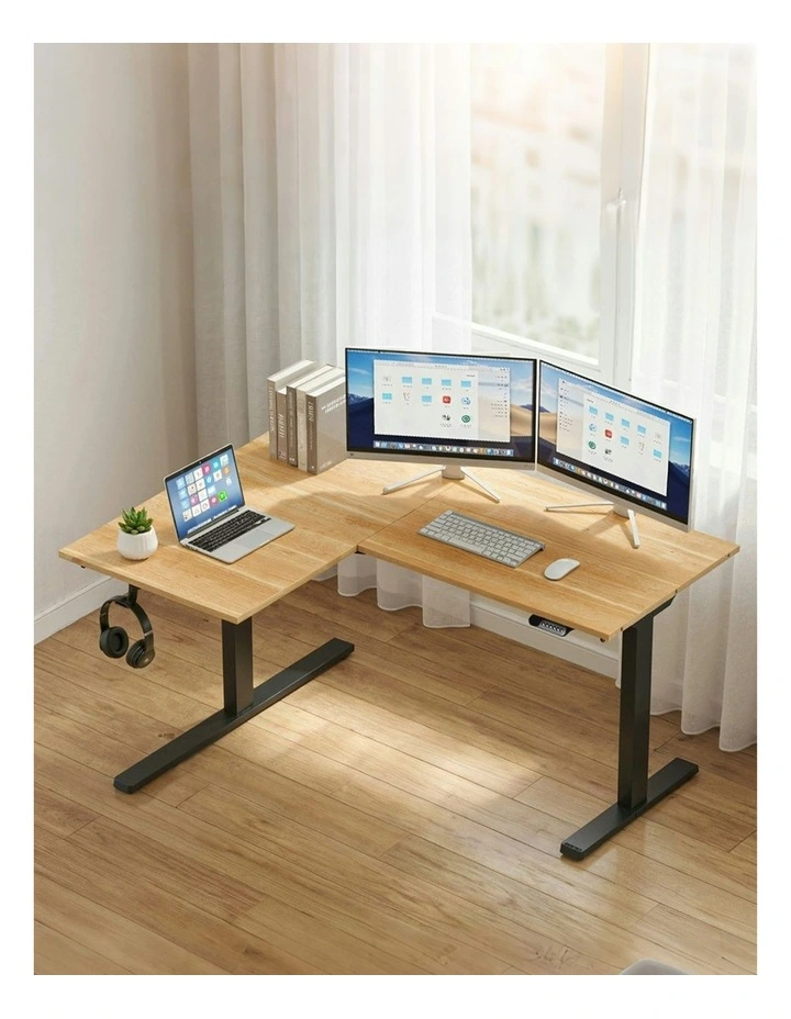 L-Shape Electric Standing Desk Sit Stand Up Height Adjustable Motorised in Brown image 3
