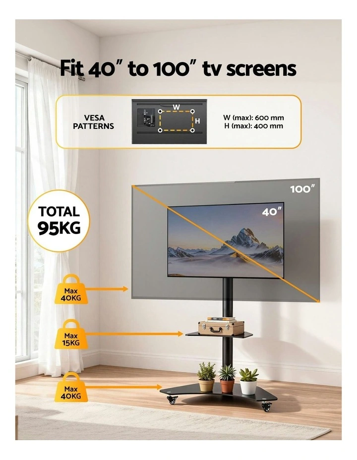 Mount Bracket Universal Adjustable Height with Wheels TV Stand 40-100 in Black image 5