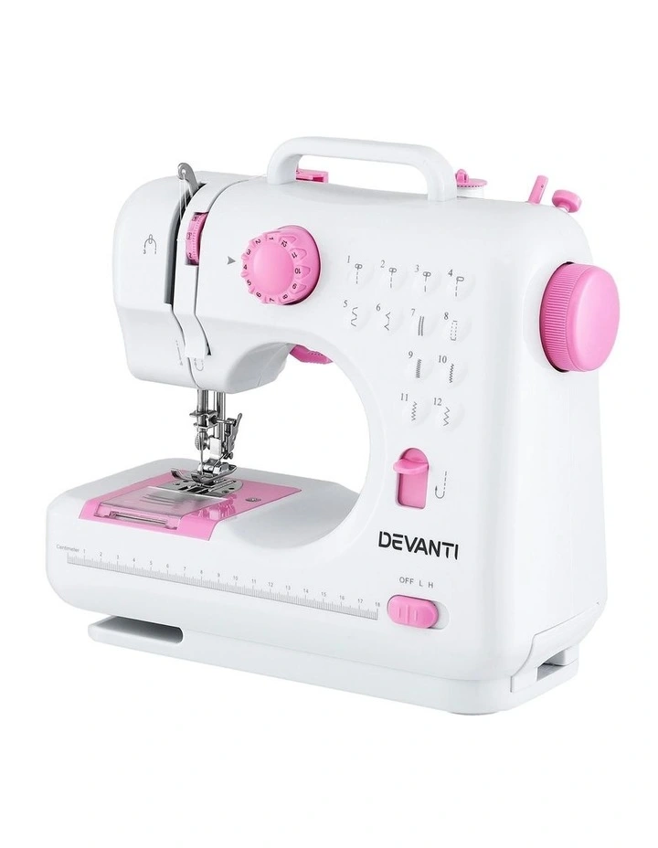 Mini Sewing Machine with LED Lights 12 Stitches in White Pink image 2