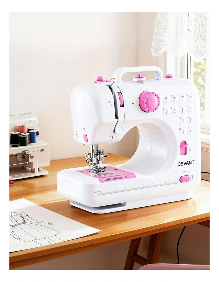 Mini Sewing Machine with LED Lights 12 Stitches in White Pink image 3