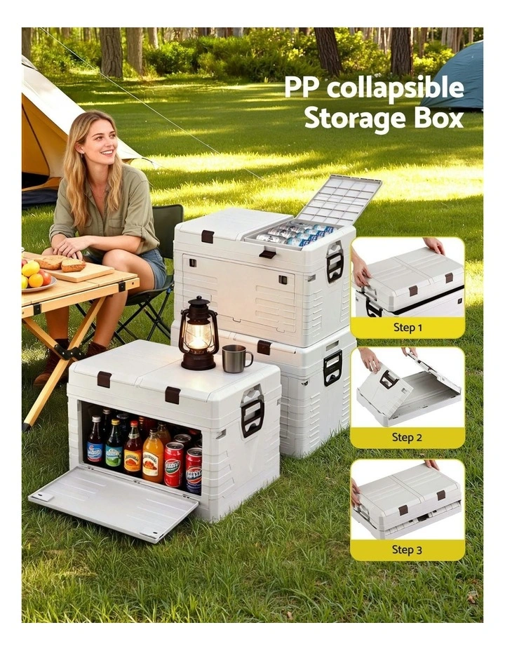 Foldable Camping Collapsible Bins Organizer Outdoor Storage Box 80L in Beige image 5