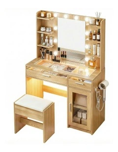 Dressing Table Vanity Desk Set 10 LED Bulbs RGB Light in Wood