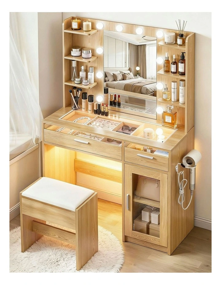 Dressing Table Vanity Desk Set 10 LED Bulbs RGB Light in Wood image 3