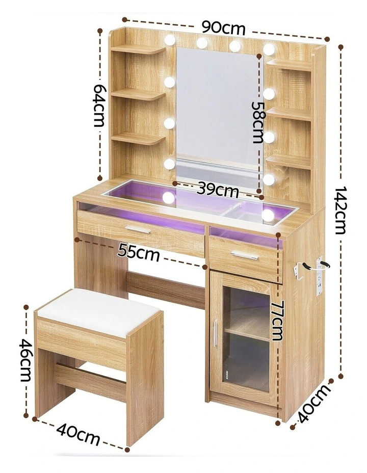Dressing Table Vanity Desk Set 10 LED Bulbs RGB Light in Wood image 4