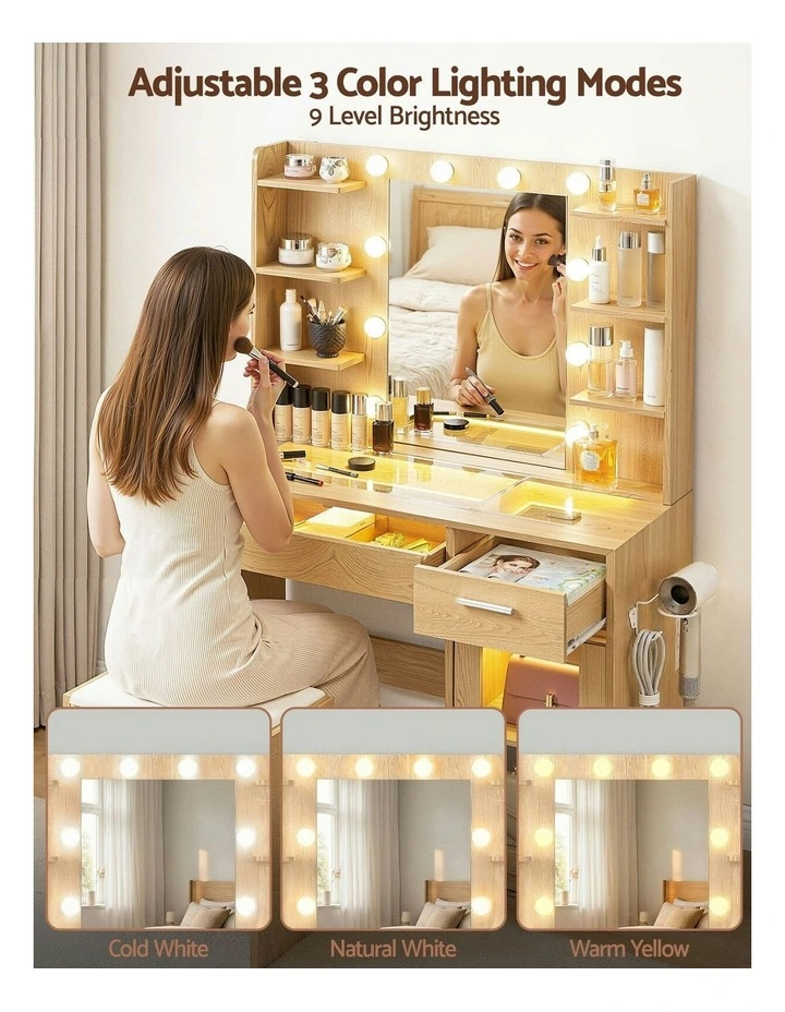 Dressing Table Vanity Desk Set 10 LED Bulbs RGB Light in Wood image 5