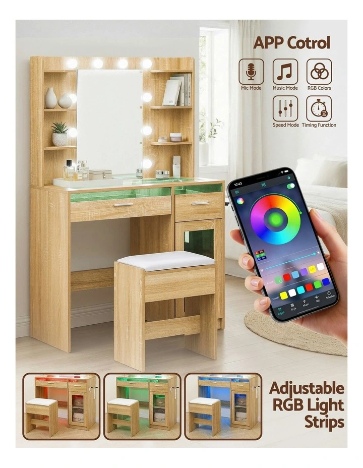 Dressing Table Vanity Desk Set 10 LED Bulbs RGB Light in Wood image 6