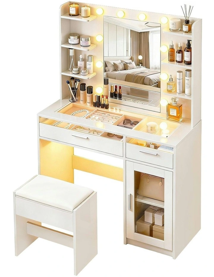 Dressing Table Vanity Desk Set 10 LED Bulbs RGB Light in White image 1