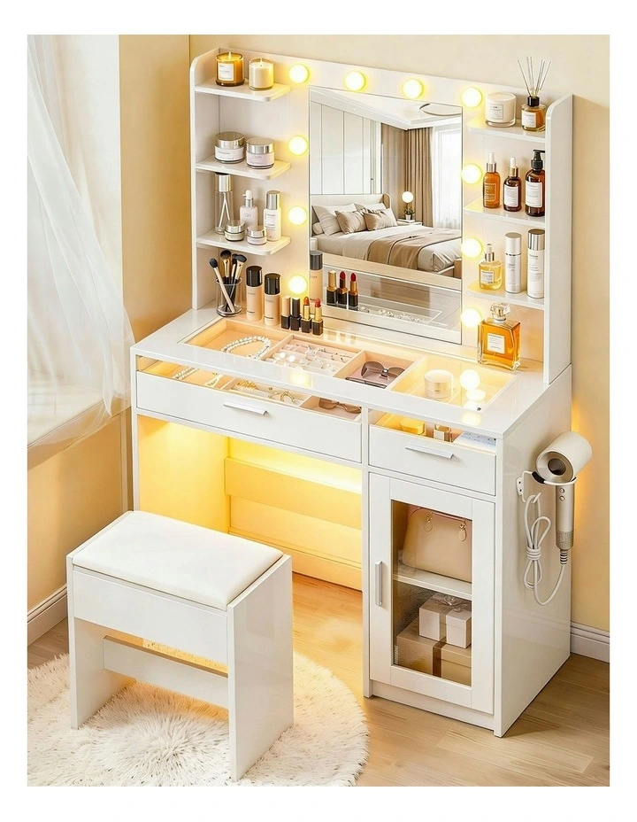 Dressing Table Vanity Desk Set 10 LED Bulbs RGB Light in White image 3